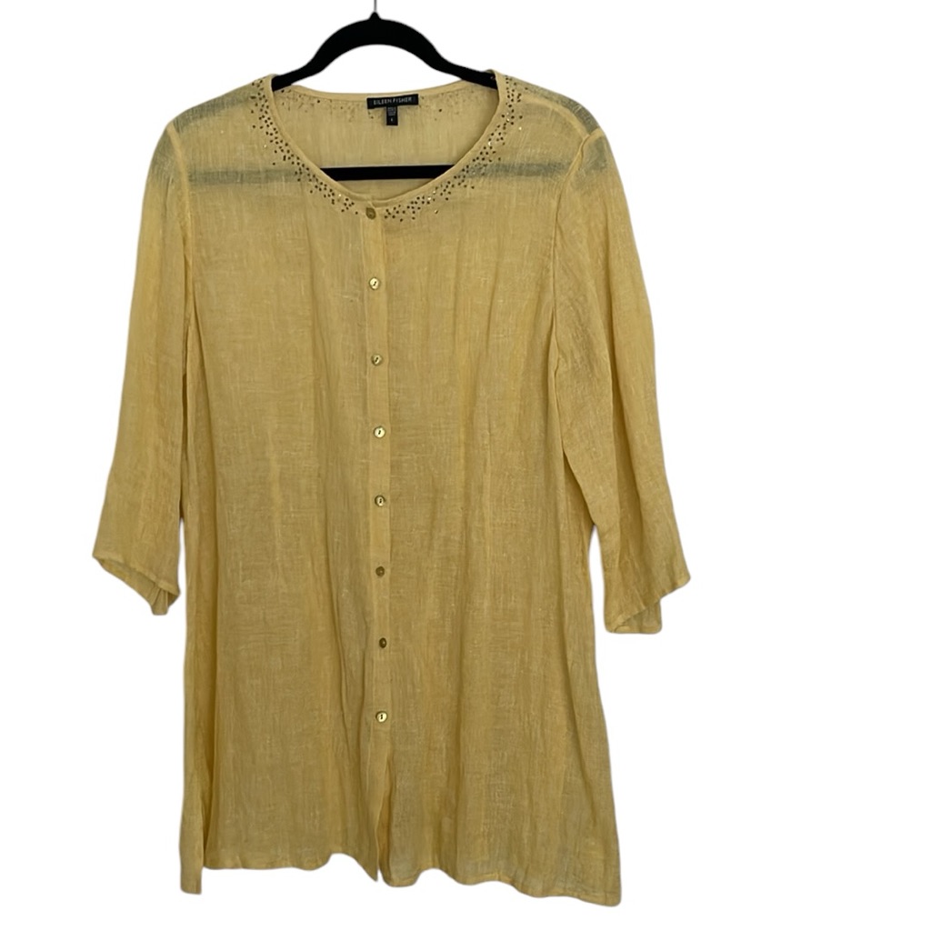 Eileen Fisher Yellow Linen Button Tunic W Sequins